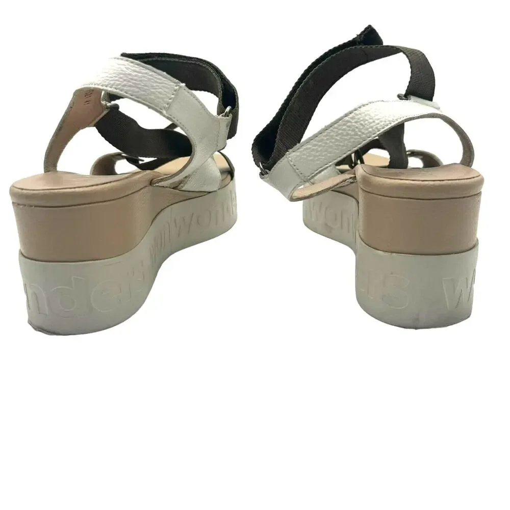 WONDERS Sandals Women's 10 Platform Wedge Brown White Leather Memory Gel B-7521‎